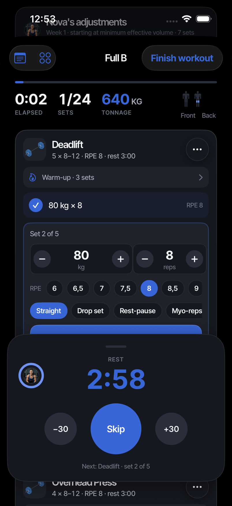 The phone’s rest panel with a live heart rate from the Watch